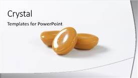  Presentation with three - Slide deck having hard toffee - three caramel candies on white background and a  colored foreground