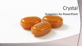  Presentation with three - Colorful presentation theme enhanced with hard toffee - three caramel candies on white backdrop and a  colored foreground