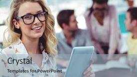  Presentation with team working together - Slides enhanced with hard together in casual office background and a light blue colored foreground