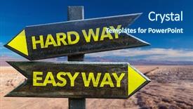  Presentation with my way - Amazing PPT theme having road less travelled - hard way easy way signpost backdrop and a ocean colored foreground