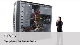  Presentation with case - Presentation theme with hard work - businessman observing a pc case background and a light gray colored foreground