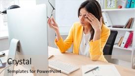  Presentation with pain - Audience pleasing presentation theme consisting of hard work - businesswoman having head pain backdrop and a lemonade colored foreground