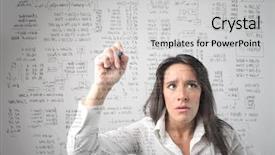  Presentation with solving - Theme featuring hard work - concentrated businesswoman solving some complicated background and a light gray colored foreground