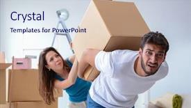  Presentation with boxes - Presentation theme having hard work - young family unpacking at new background and a sky blue colored foreground