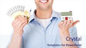  Presentation with money construction - Theme featuring hard work pays - construction man holding house model background and a sky blue colored foreground