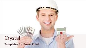  Presentation with money construction - Cool new PPT theme with hard work pays - construction man holding house model backdrop and a lemonade colored foreground