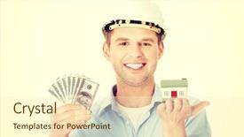  Presentation with money construction - Amazing PPT theme having hard work pays - construction man holding house model backdrop and a cream colored foreground