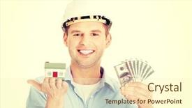  Presentation with money construction - Slide deck with hard work pays - construction man holding house model background and a cream colored foreground