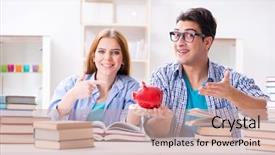  Presentation with pay - PPT theme consisting of hard work pays - two students checking savings background and a coral colored foreground