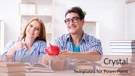  Presentation with pay - Audience pleasing PPT theme consisting of hard work pays - two students checking savings backdrop and a  colored foreground