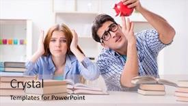  Presentation with pay - Slide set featuring hard work pays - two students checking savings background and a  colored foreground