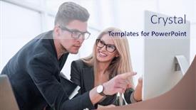  Presentation with working - Slide deck enhanced with hard-working-young-colleagues-discussing background and a sky blue colored foreground