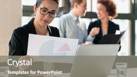  Presentation with business office desk - PPT theme with hard-working young woman analyzing background and a gray colored foreground