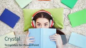  Presentation with listening woman - Colorful presentation theme enhanced with hardcover - beautiful young woman lying backdrop and a light blue colored foreground