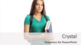  Presentation with books - PPT layouts featuring hardcover - female student holding books isolated background and a  colored foreground