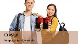  Presentation with teenage - Slide set featuring hardcover - teenage students showing phones wrapped background and a coral colored foreground