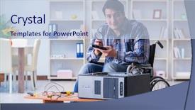  Presentation with how to computer - PPT theme having harddisk - computer repairman on wheelchair working background and a  colored foreground