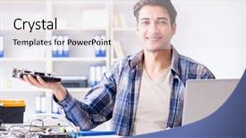  Presentation with computer workshop - Colorful PPT theme enhanced with harddisk - professional repairman repairing computer backdrop and a  colored foreground