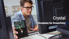  Presentation with hard disk drive - Colorful presentation enhanced with harddisk - technician with broken hard drive backdrop and a  colored foreground