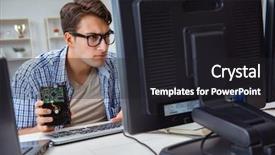  Presentation with hard disk drive - Slides enhanced with harddisk - technician with broken hard drive background and a dark gray colored foreground