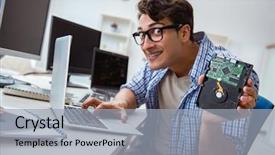  Presentation with hard disk drive - Amazing theme having harddisk - technician with broken hard drive backdrop and a light gray colored foreground