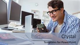  Presentation with hard disk drive - Cool new presentation theme with harddisk - technician with broken hard drive backdrop and a light blue colored foreground