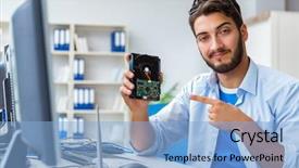  Presentation with google drive temlates - Slide deck consisting of harddisk - technician with broken hard drive background and a light blue colored foreground