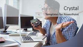  Presentation with hard disk drive - PPT layouts with harddisk - technician with broken hard drive background and a light gray colored foreground