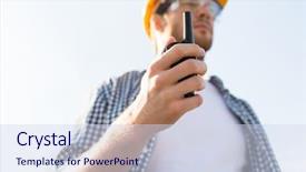  Presentation with walkie talkie - Presentation theme featuring hardhat with walkie talkie background and a sky blue colored foreground