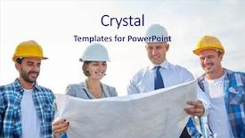  Presentation with building team - PPT layouts with hardhats with blueprint on construction background and a sky blue colored foreground