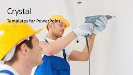  Presentation with team building - Slides having hardhats with electric drill background and a light gray colored foreground