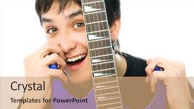 Presentation with guitar - Amazing PPT theme having hardrock - happy handsome young man backdrop and a coral colored foreground