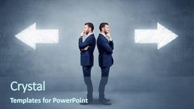  Presentation with hardship - PPT layouts enhanced with hardship - young conflicted businessman choosing background and a ocean colored foreground