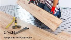  Presentation with wooden floor and gold frame - Amazing PPT theme having hardware interior - handyman installing new laminated wooden backdrop and a coral colored foreground