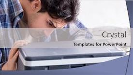  Presentation with printer machine - Presentation theme featuring hardware repairman repairing broken printer fax machine background and a light gray colored foreground