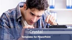  Presentation with printer machine - Slide deck consisting of hardware repairman repairing broken printer fax machine background and a ocean colored foreground