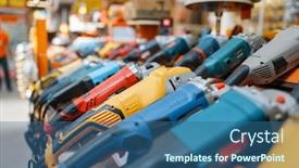  Presentation with hardware - PPT theme featuring hardware store assortment angle grinders background and a ocean colored foreground