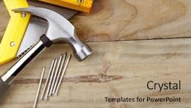  Presentation with wood tools - Slide deck featuring hardware tools - hammer nails saw and folding background and a coral colored foreground