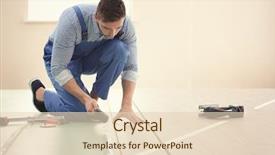  Presentation with flooring - Presentation theme consisting of hardwood floor - male worker installing laminate flooring background and a lemonade colored foreground