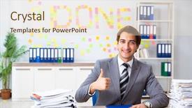  Presentation with employee - Amazing slide deck having hardwork - young handsome employee sitting backdrop and a lemonade colored foreground