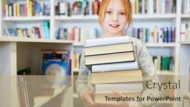  Presentation with stack books - Slide deck enhanced with hardworking-girl-as-a-pupil background and a coral colored foreground