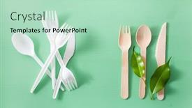  Presentation with eco plastic - PPT theme featuring harmful-plastic-cutlery-and-eco background and a mint green colored foreground