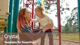  Presentation with playground - Slides having harried woman - kid girl and mother playing background and a  colored foreground
