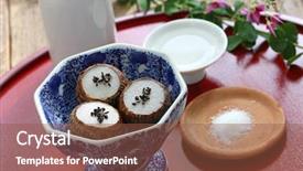  Presentation with japanese food - Audience pleasing slides consisting of harvest moon - kinukatsugi steamed small taro japanese backdrop and a  colored foreground