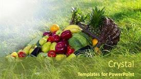  Presentation with spilling - Theme consisting of harvest of seasnon vegetables spilling from a wicker basket background and a tawny brown colored foreground