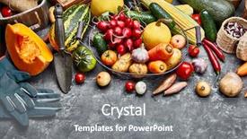  Presentation with vegan food - Theme having harvest vegetables with herb kitchen background and a gray colored foreground