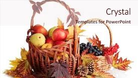  Presentation with beautiful fresh leaves water drops - PPT theme with harvesting festival - beautiful autumn harvest in baskets background and a sky blue colored foreground