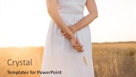  Presentation with prosperity - Colorful presentation design enhanced with harvesting nature agriculture and prosperity concept - young woman in white dress on cereal field holding ripe wheat spickelet in her hand backdrop and a lemonade colored foreground