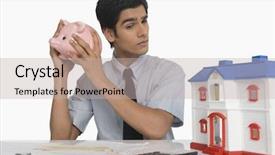 Presentation with real estate - Colorful presentation design enhanced with haryana - real estate agent holding piggy backdrop and a soft green colored foreground