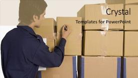  Presentation with retail store telco - Slide set enhanced with haryana - store incharge counting cardboard boxes background and a coral colored foreground